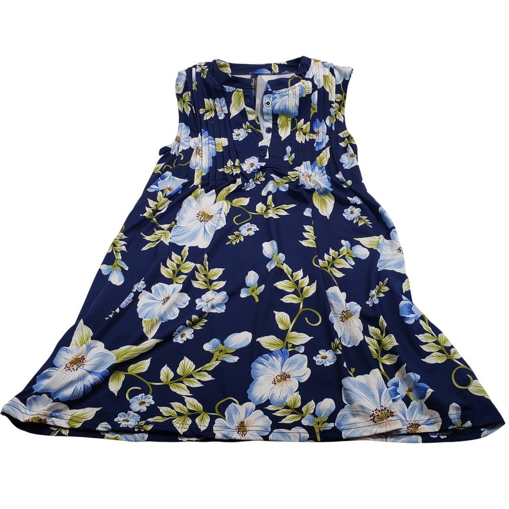 White Mark Womens Navy Blue Floral Pleated Henley Sleeveless Tunic Top Large